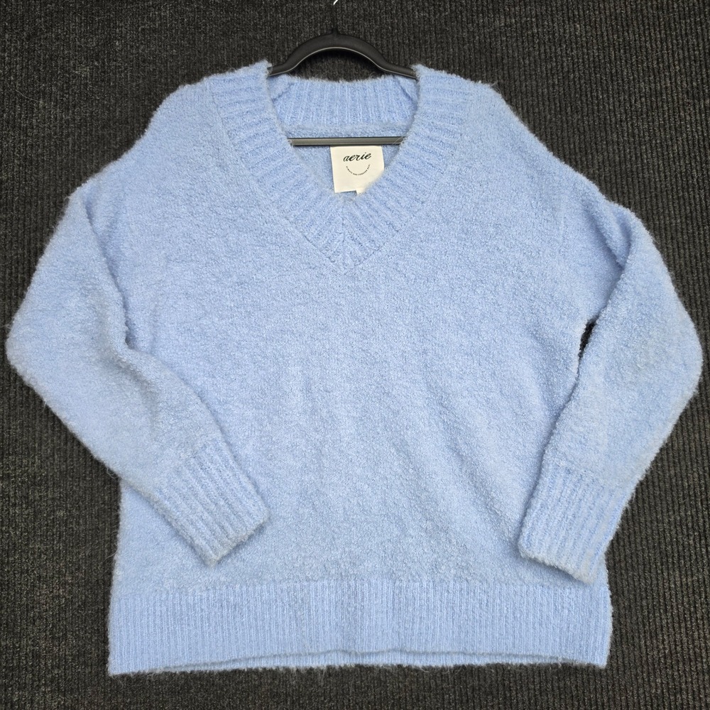 Aerie Womens Small Light Blue V-Neck Plush Eyelash Knit Oversized Sweater